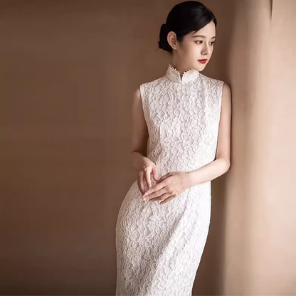 White Open Back Lace Cheongsam Qipao Dress| Charm