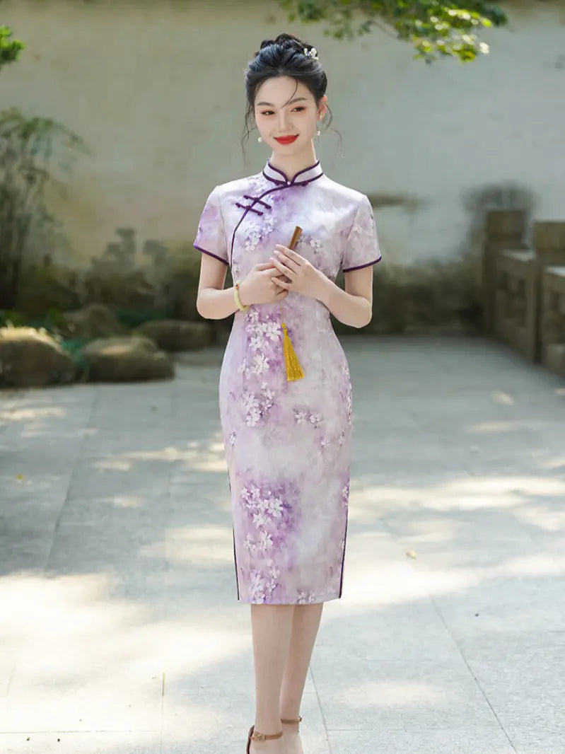 Blue & Purple Watercolor Floral Qipao Dress