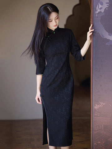 Modern Floral Cotton Jacquard Long Sleeve Qipao