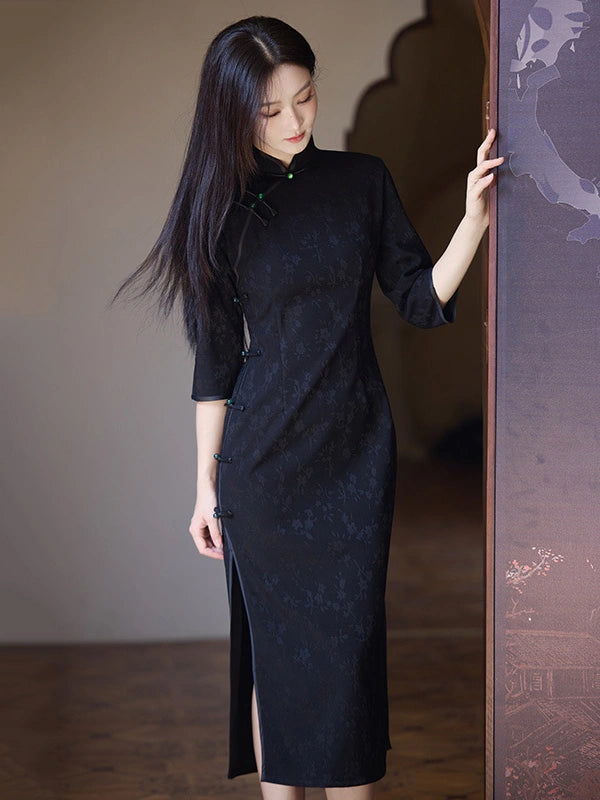 Modern Floral Cotton Jacquard Long Sleeve Qipao