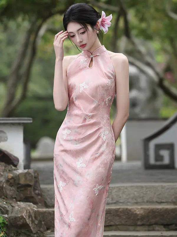 Modernes chinesisches Pastell-Blumen-Neckholder-ärmelloses Qipao