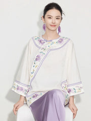 Neue Bluse und Rock im chinesischen Stil mit elfenbeinfarbenem, lila Kragen