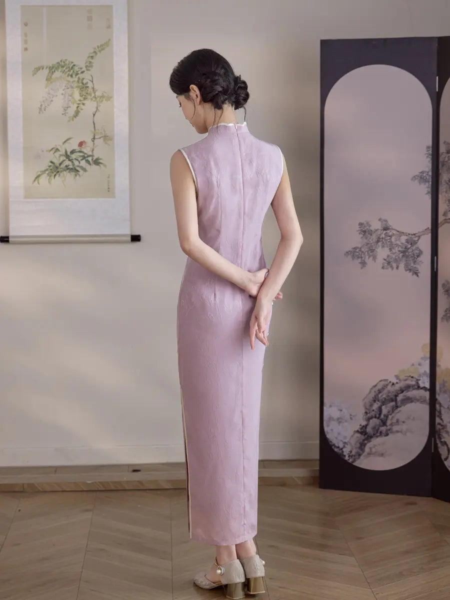 purple Sleeveless Floral Qipao Dress