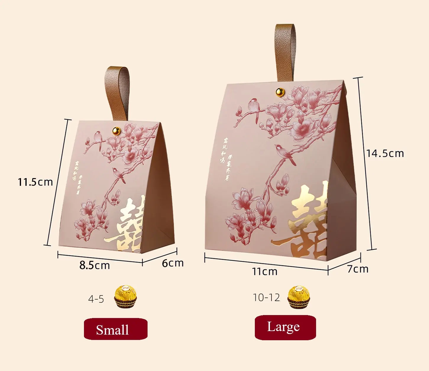 Two red and gold Double Happiness Wedding Favor Box  with Blossom & Bird design  and measurements on a beige background