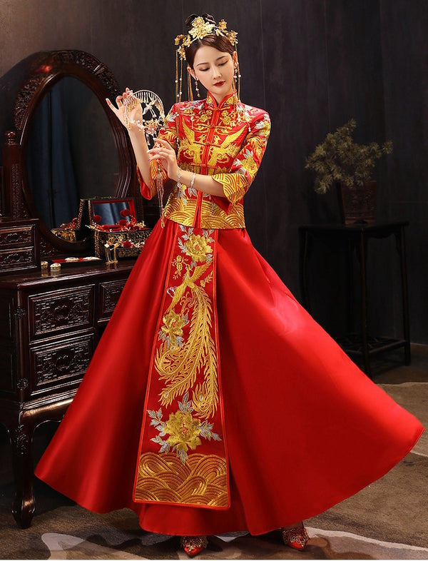 Chinese Wedding Bridal Qun Kwa Dress| Phoenix & Peony - Oriental Me