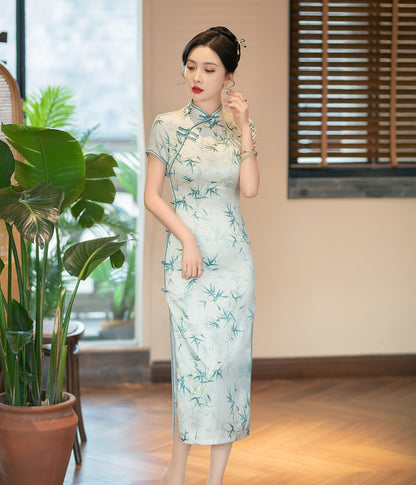 Chinese Green Bamboo Leaves Print Cheongsam Qipao Dress front