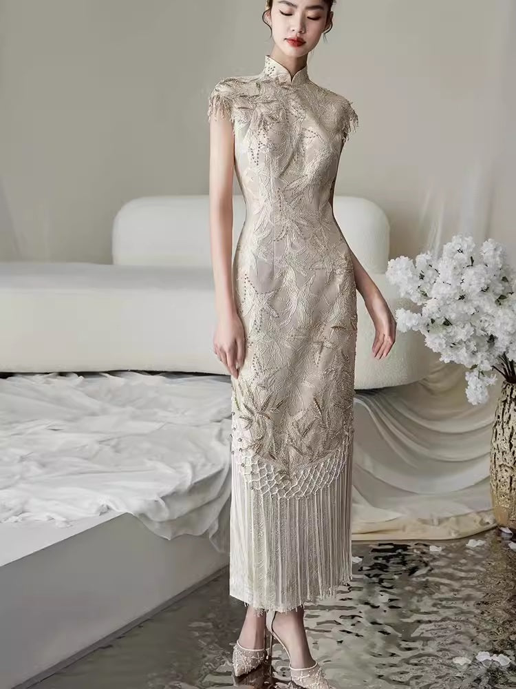Ivory White Floral Fringe Qipao Dress Ivory White Floral Fringe Qipao Dress