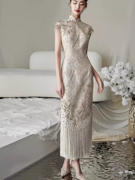Model in ivory white floral fringe qipao cheongsam dress