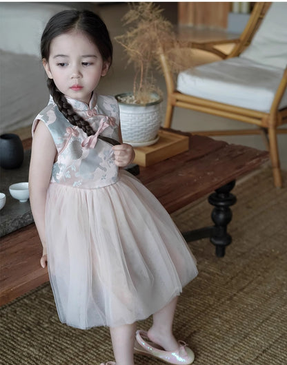 Robe Qipao Cheongsam en tulle satiné à fleurs roses pour enfant