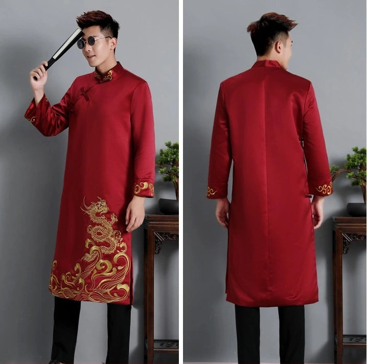 Red Dragon Embroidered Men's Tang Jacket – Traditional Chinese Groom/Best Man Outfit with gold embroidery worn by a person, shown from front and back views.