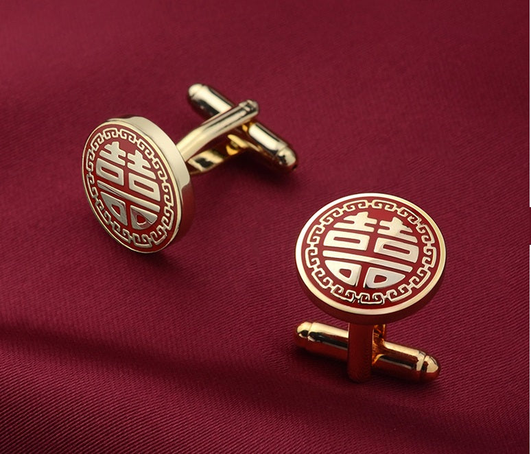 red Double happiness wedding cufflinks and tie clip for groom best men