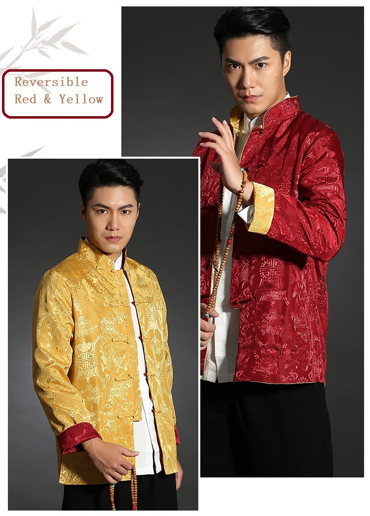 red and yellow double-sided reversible chinese tang jacket suit