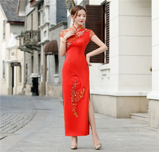model in Red and gold floral qipao cheongsam dress