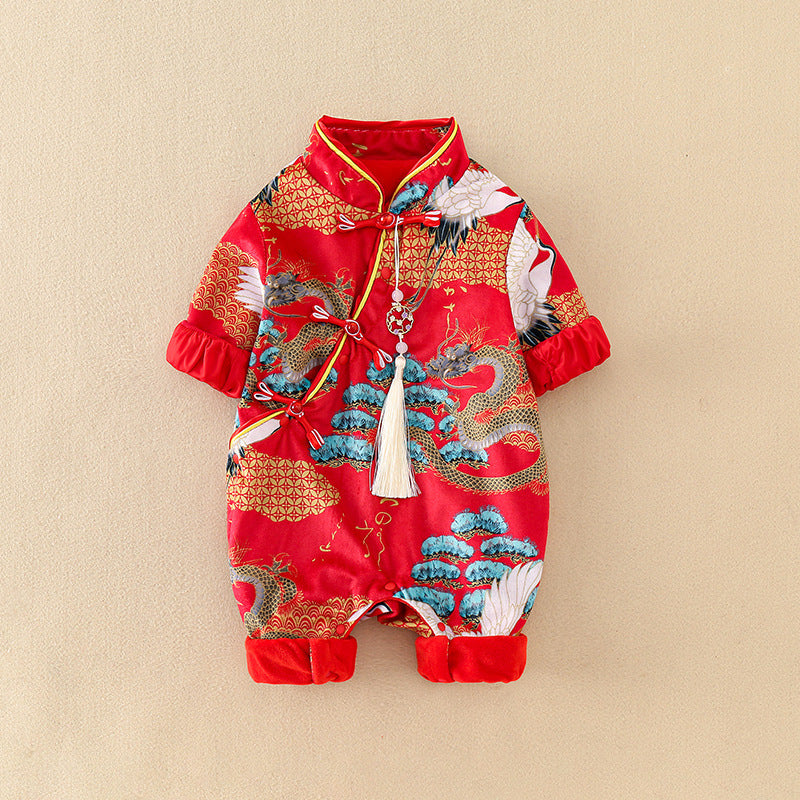 long sleeves red chinese baby romper 