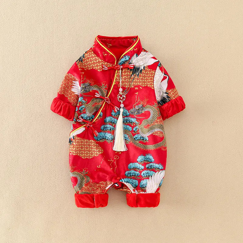 red traditional chinese Red Long Sleeves Baby Romper