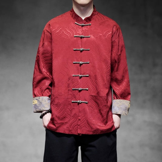 Model in Red brocade tang jacket front