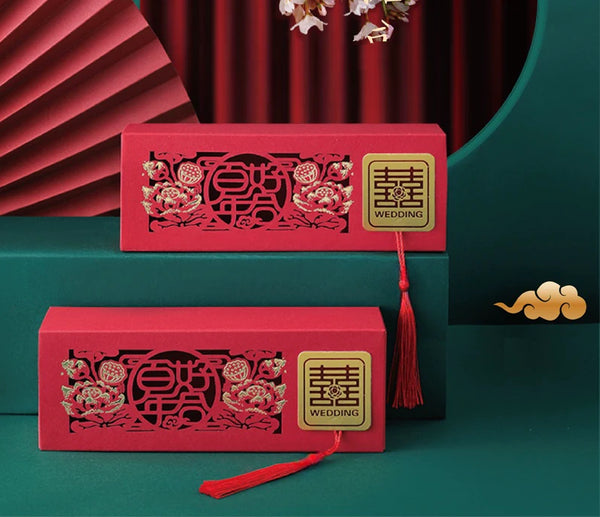 red laser cut floral Double Happiness Favor boxes for chinese wedding