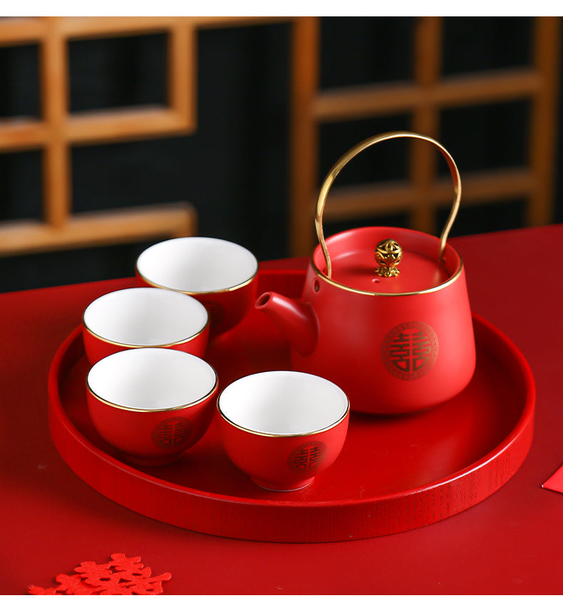 red double happiness tea set