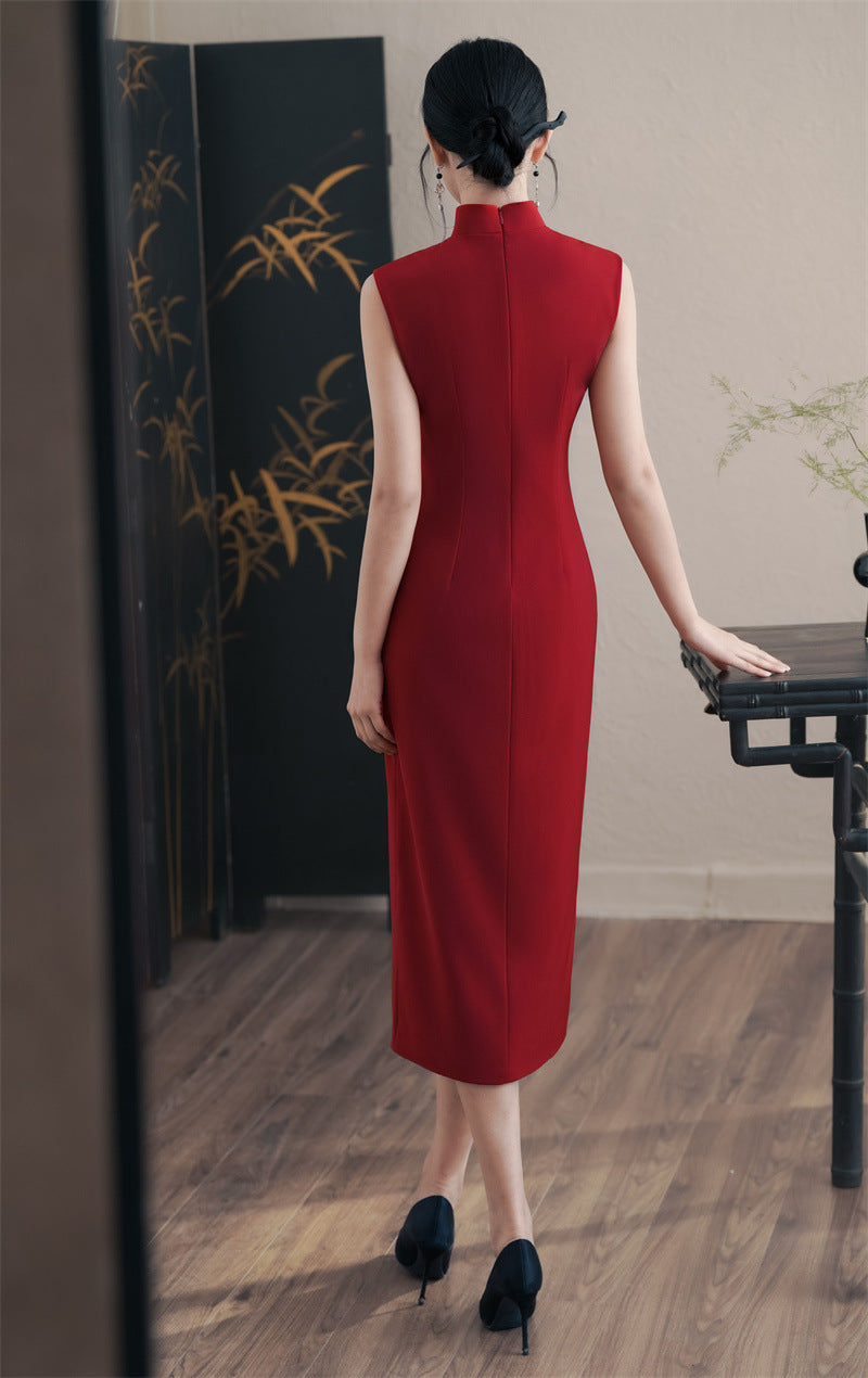 Robe Qipao Cheongsam moderne sans manches rouge