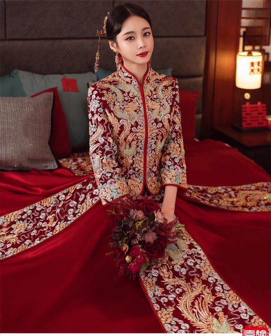  red traditional chinese wedding bridal dragon phoenix qun kwa dress