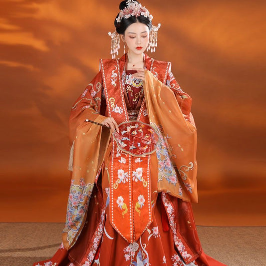 model in Red bridal wedding song hanfu sitting