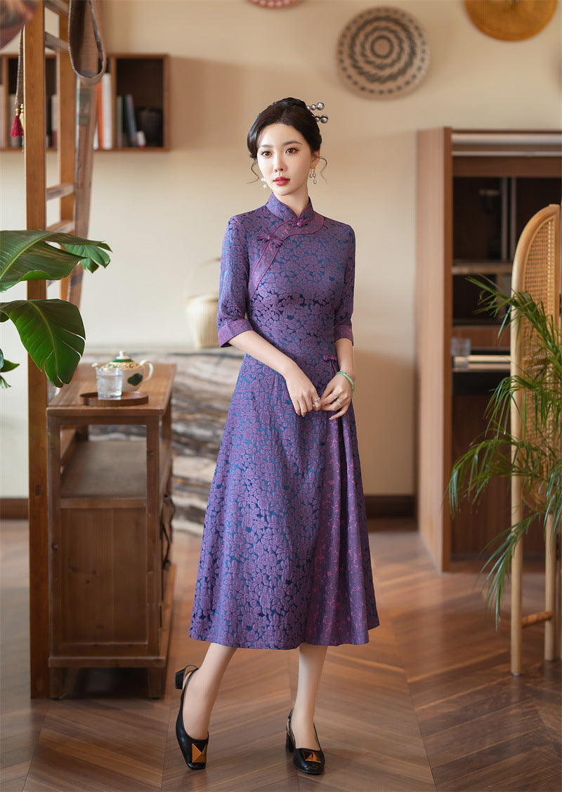 Purple Jacquard Floral A-Line modern Qipao 