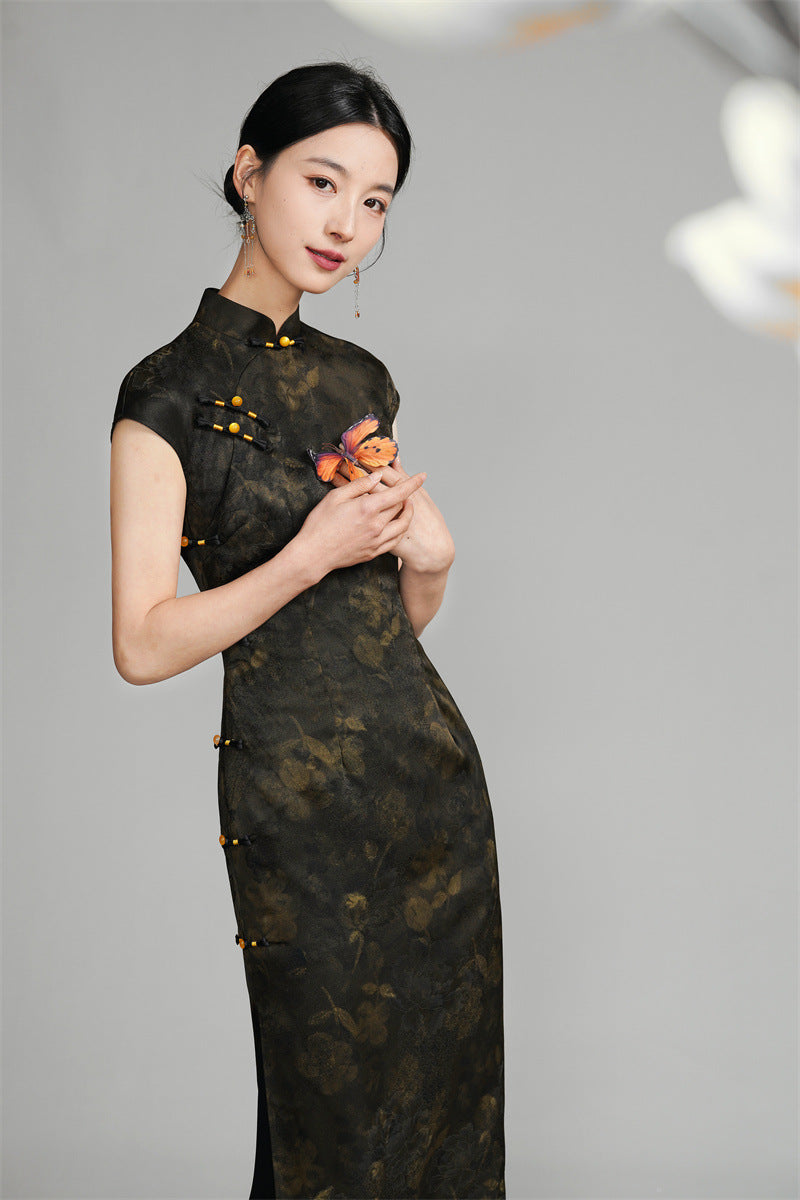 Long Black Sleeveless Qipao with Gold Floral Pattern