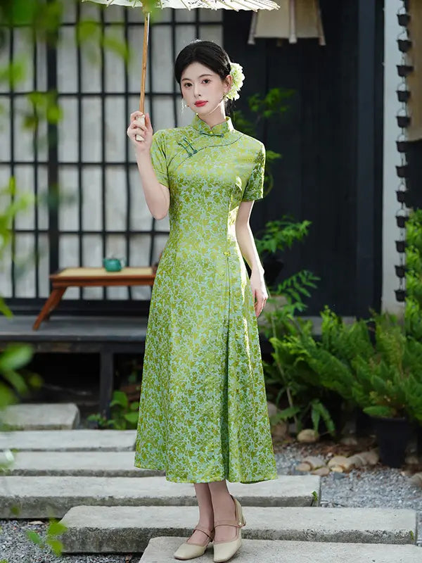 Modern Floral Short Sleeve A-Line Qipao Dress