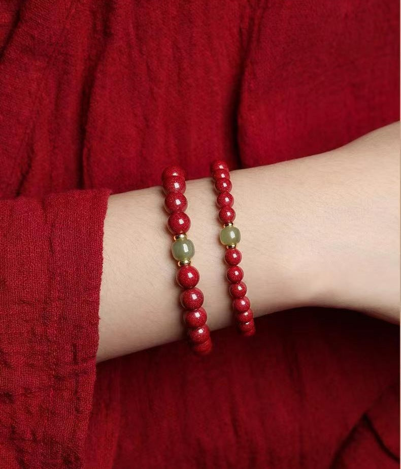 Natural Cinnabar and Hetian Jade Fortune Bracelet