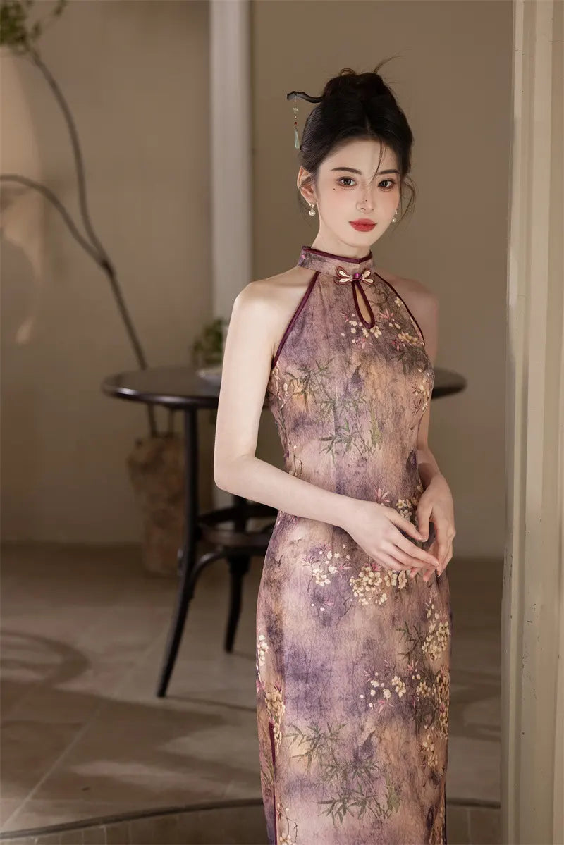 Halter Neck Floral Midi Cheongsam Qipao Dress