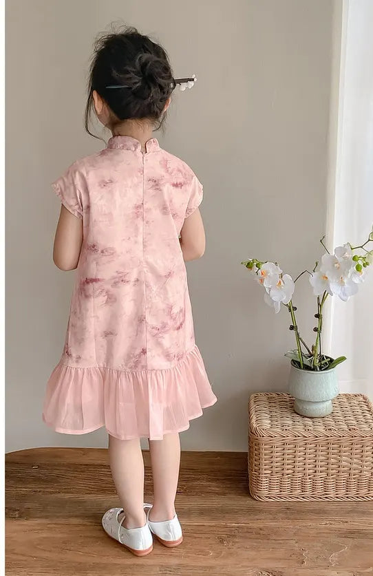 Sweet Pink Floral Kid’s Qipao Dress with Ruffle Hem