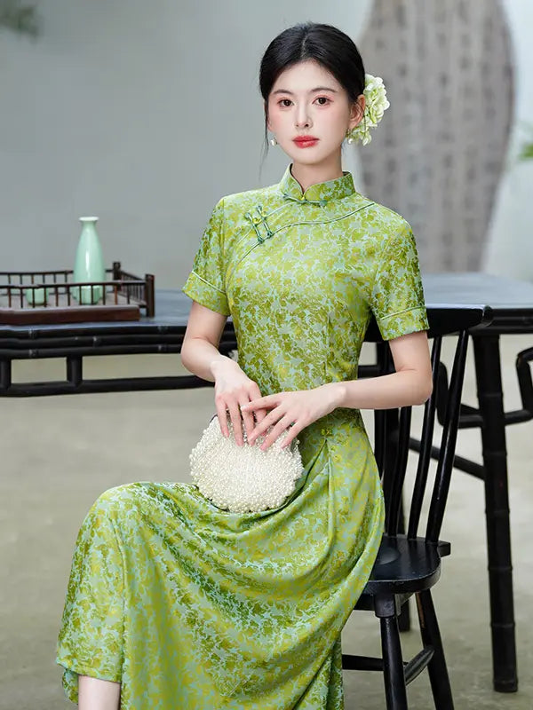 Modern Floral Short Sleeve A-Line Qipao Dress