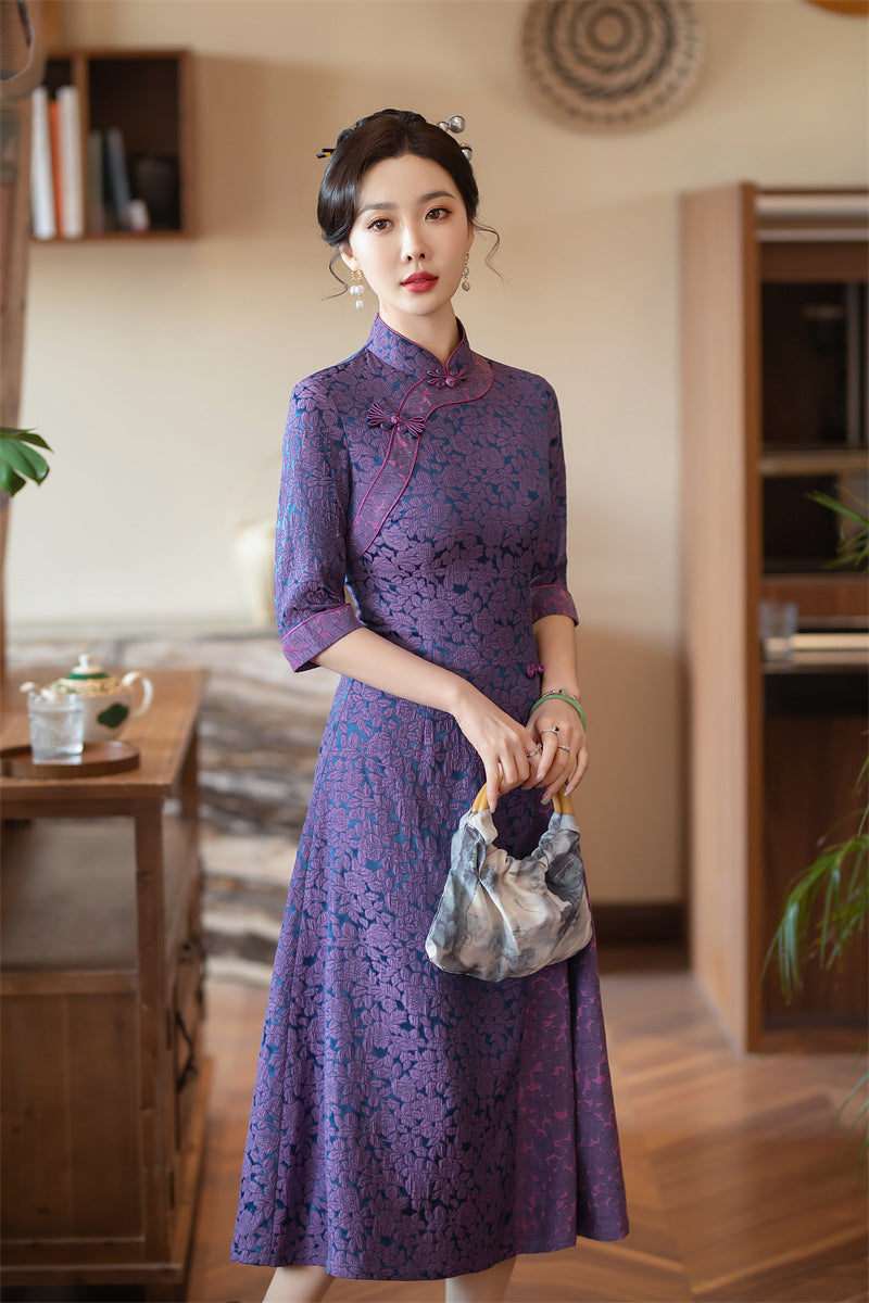 purple long sleeves A-line Chinese Dress