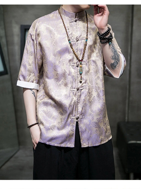 Men's Ice Silk Half-Sleeve Tang Suit Summer Shirt