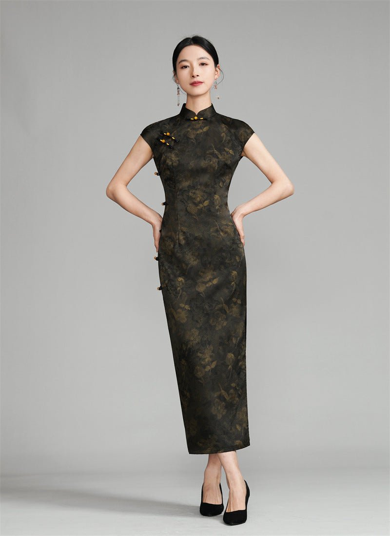 Long Black Sleeveless Qipao with Gold Floral Pattern