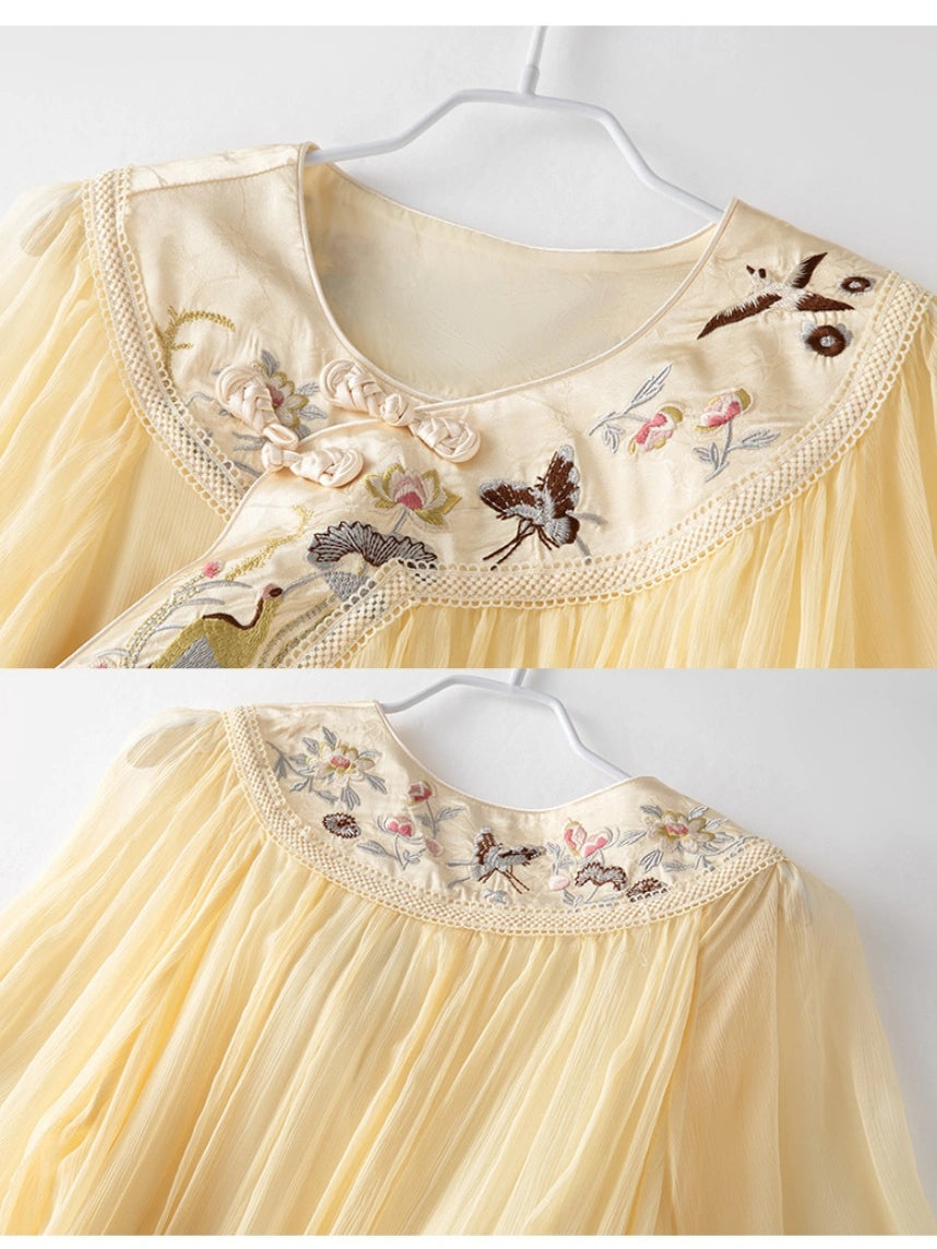 Classic Soft Yellow Chinese Embroidered Mulberry Silk Loose Qipao