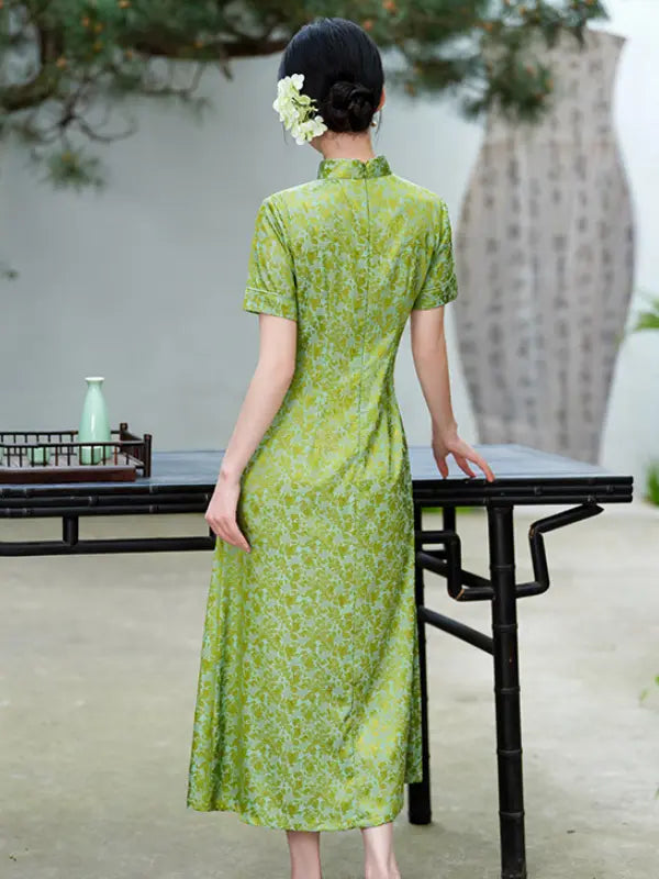 Modern Floral Short Sleeve A-Line Qipao Dress