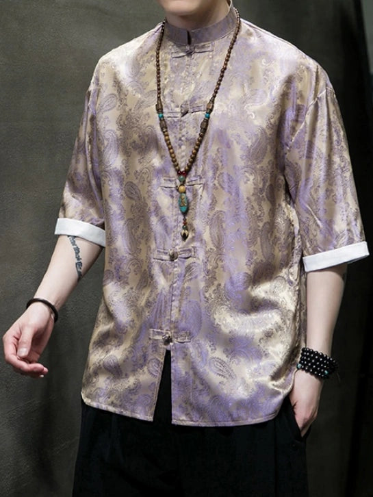 Men's Ice Silk Half-Sleeve Tang Suit Summer Shirt