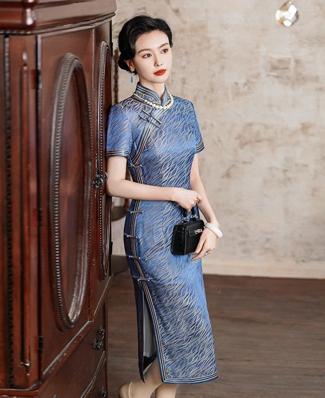 Blue Mulberry Silk Qipao Dress with Golden Trim Blue Mulberry Silk Qipao Dress with Golden Trim