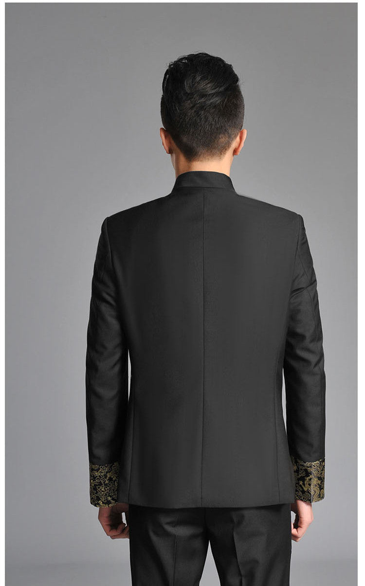 Black Zhongshan Tang Suit with Gold Brocade Dragon Cuffs – Chinese formal suit 