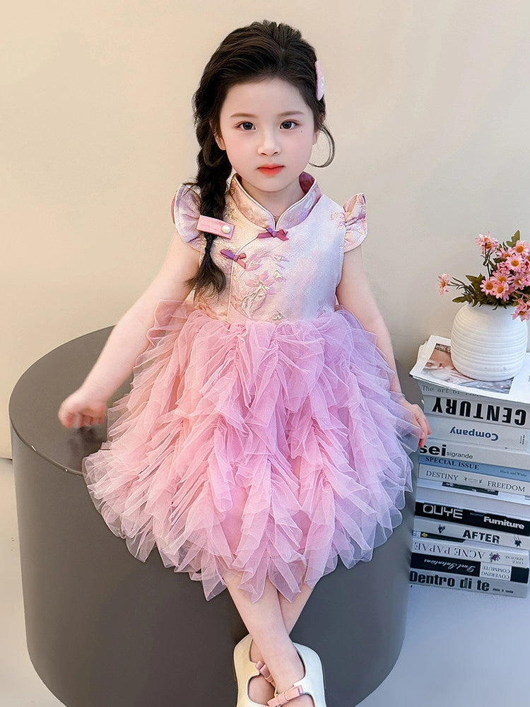 Robe Qipao moderne en tulle rose à fleurs pour filles