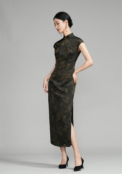 Long Black Sleeveless Qipao with Gold Floral Pattern