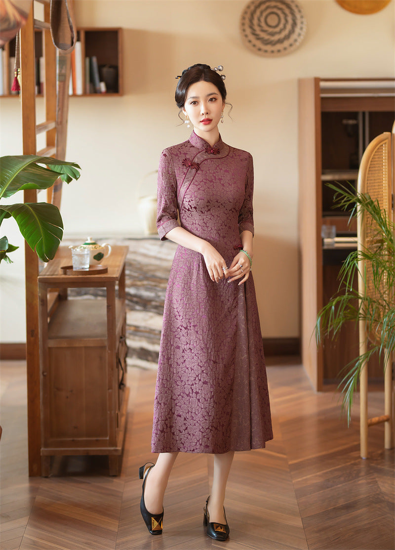 Burgundy Jacquard Floral A-Line Qipao Cheongsam Dress
