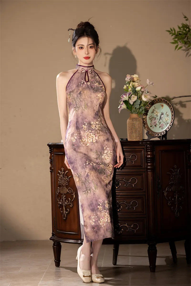 Halter Neck Floral Midi Cheongsam Qipao Dress