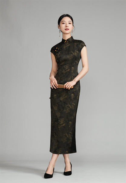 Long Black Sleeveless Qipao with Gold Floral Pattern