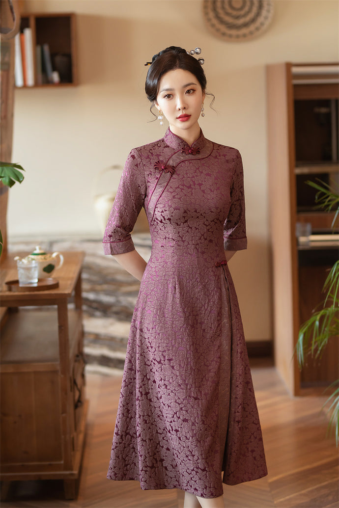 Jacquard Floral Beads Cheongsam Qipao Dress