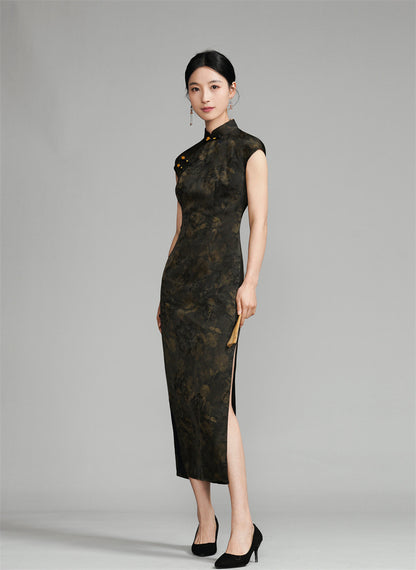 Long Black Sleeveless Qipao with Gold Floral Pattern