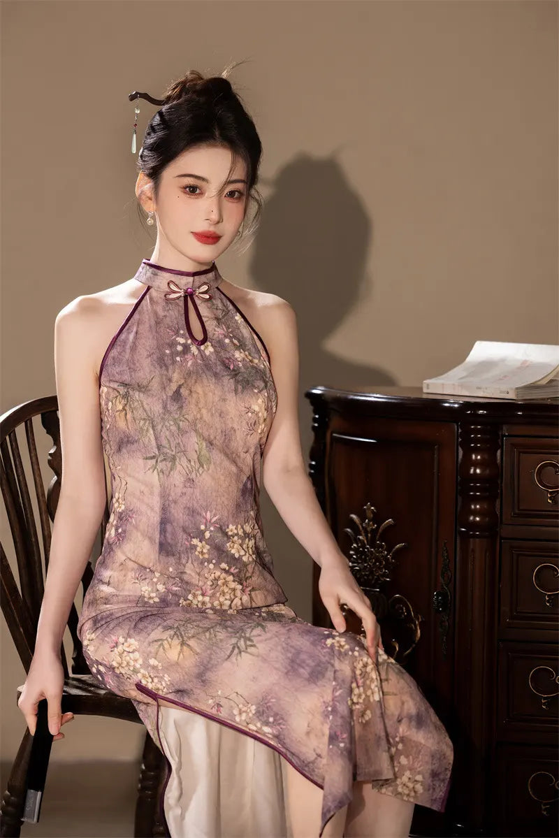 Halter Neck Floral Midi Cheongsam Qipao Dress
