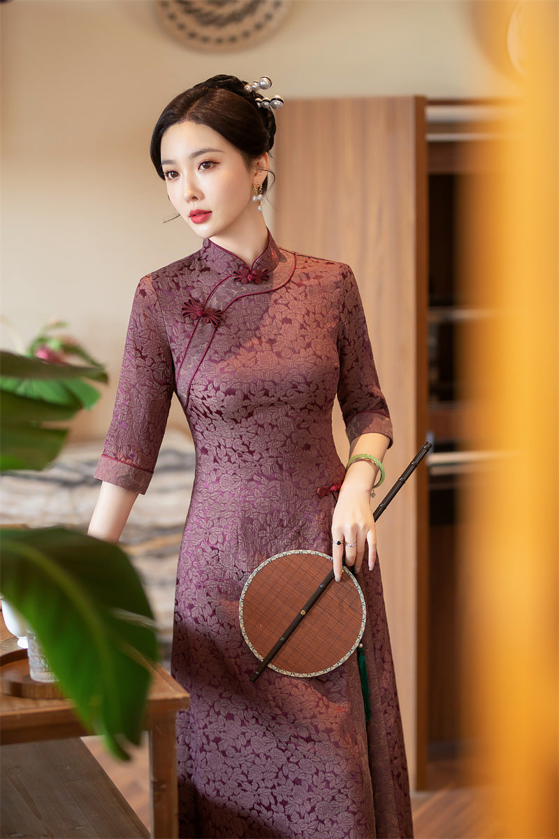 Burgundy Jacquard Floral A-Line Qipao Cheongsam Dress – Oriental Me