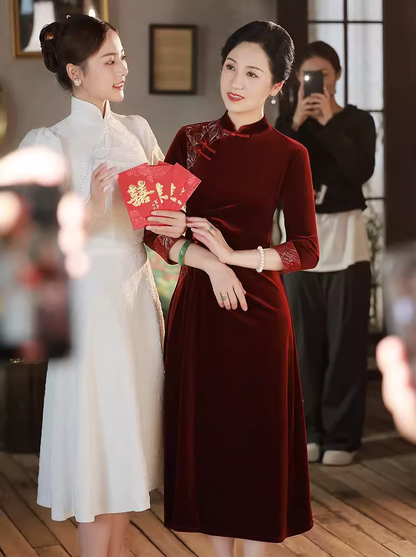 Modernized Chinese Long Sleeves A-Line Velvet Cheongsam Qipao Dress